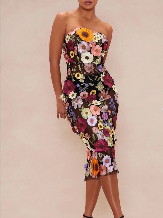 Fashion Nova Dresses & Skirts - Fashion Nova Kelli Black Midi Dress with Multicolor Floral Appliqué NWT